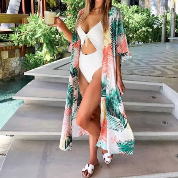 Private Label Tops - Boho Long MultiColor Palm Kimono